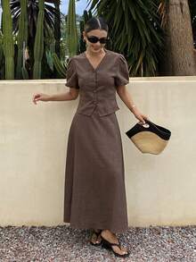 DAZY Set casual da 2 pezzi da donna, composto da blusa a scollo a V e gonna, in colore unito, adatto per la primavera e l'estate - Caffè Marrone - Visualizzare 5