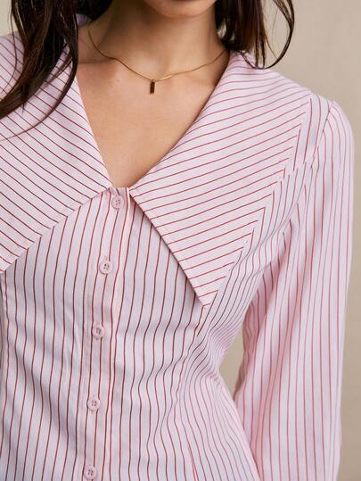 Poéselle 女士休闲条纹印花长袖修身衬衫，适合工作和日常穿着，春秋季款