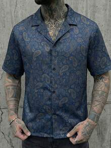 GENTILAND Regular Hem Men's Blue Woven Fabric Short Sleeve Shirt Collar Avant-Garde Paisley Print - Multicolor - View 2