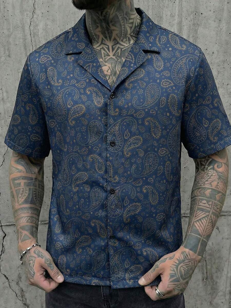 GENTILAND Regular Hem Men's Blue Woven Fabric Short Sleeve Shirt Collar Avant-Garde Paisley Print