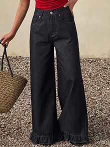 DAZY 女士常规腰围花卉蕾丝边直筒休闲牛仔裤 - 深色水洗藍 - 查看 6