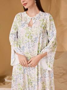 Al Najma 女士优雅浅色花卉印花精致串珠花朵设计日常阿拉伯风格连衣裙 - 彩色 - 查看 6