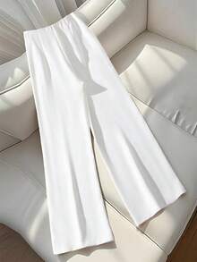 GlowEve High Waist Wide Leg Pants With Black Side Stripe And Metal Buckle, French Minimalist Style, Draping Effect, Slimming, Ankle Length For Commuting - White - View 2
