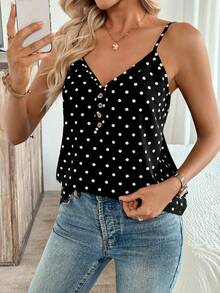 Selamara Women's Casual V-Neck Button Black Polka Dot Fashionable & Comfortable Camisole - Black - View 1