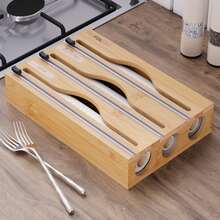 1 pieza Dispensador de plástico de bambú, Caja de almacenamiento de papel de aluminio y envoltorio de plástico 3 en 1, Adecuado para la cocina - Vuelta al colegio - Marrón - Ver 1