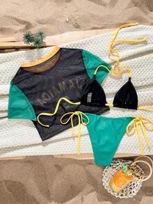 Vaytide Bộ bikini tam giác trơn 3 mảnh họa tiết cờ xuân/hè 2026 mới cho nữ, áo choàng lưới, bộ bikini thường ngày cho kỳ nghỉ ở bãi biển - Nhiều màu - Xem 2