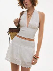 Poéselle 2pcs Embroidered Halter Backless Top And Mini Skirt Set,White Embroidered Two Piece Set For Women, Halter Crop Top And Mini Skirt, Hollow Out Lace Summer Co-Ord Outfit - White - View 6