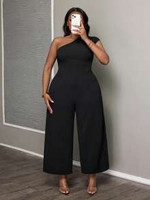SHEIN PETITE CURVE Plus Size Solid Color Casual Jumpsuit - Black - View 6