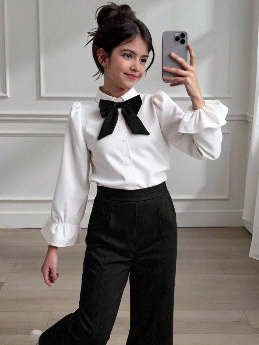 SHEIN 2件套女童撞色蝴蝶结长袖上衣和裤子套装,适合春秋季穿着 - 黑色 - 查看 1