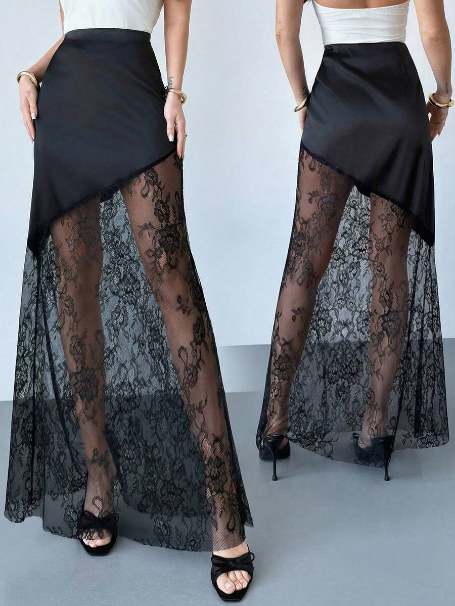Firerie Women's Elegant, Refined, Romantic, Minimalist Fashion Commute Daily Versatile Valentine's Day Date Vacation Satin High Waist Lace Patchwork Sheer Black Skirt Birthday Outfit For Women Vacation Outfits Women  Summer Holiday Outfits - Black - View 1