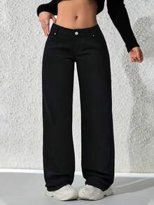 SHEIN ICON Women's Casual Solid Color Slant Pocket Straight Leg Jeans, Autumn - Black - View 3