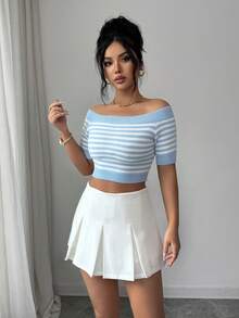 Elenzga Fashionable Striped Off Shoulder Short Sleeve Women Sweater - Blue - View 3