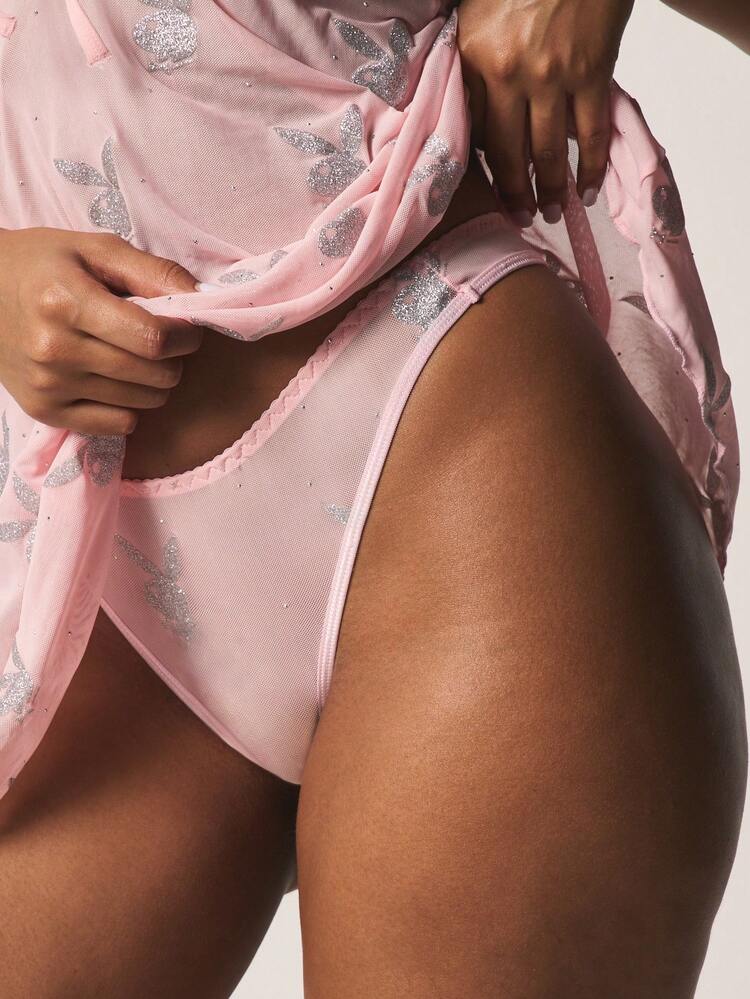Missguided x Playboy Soft Bunny Print Cami Slip And Matching Bottom Set With Tie Front Detail Cute Intimates