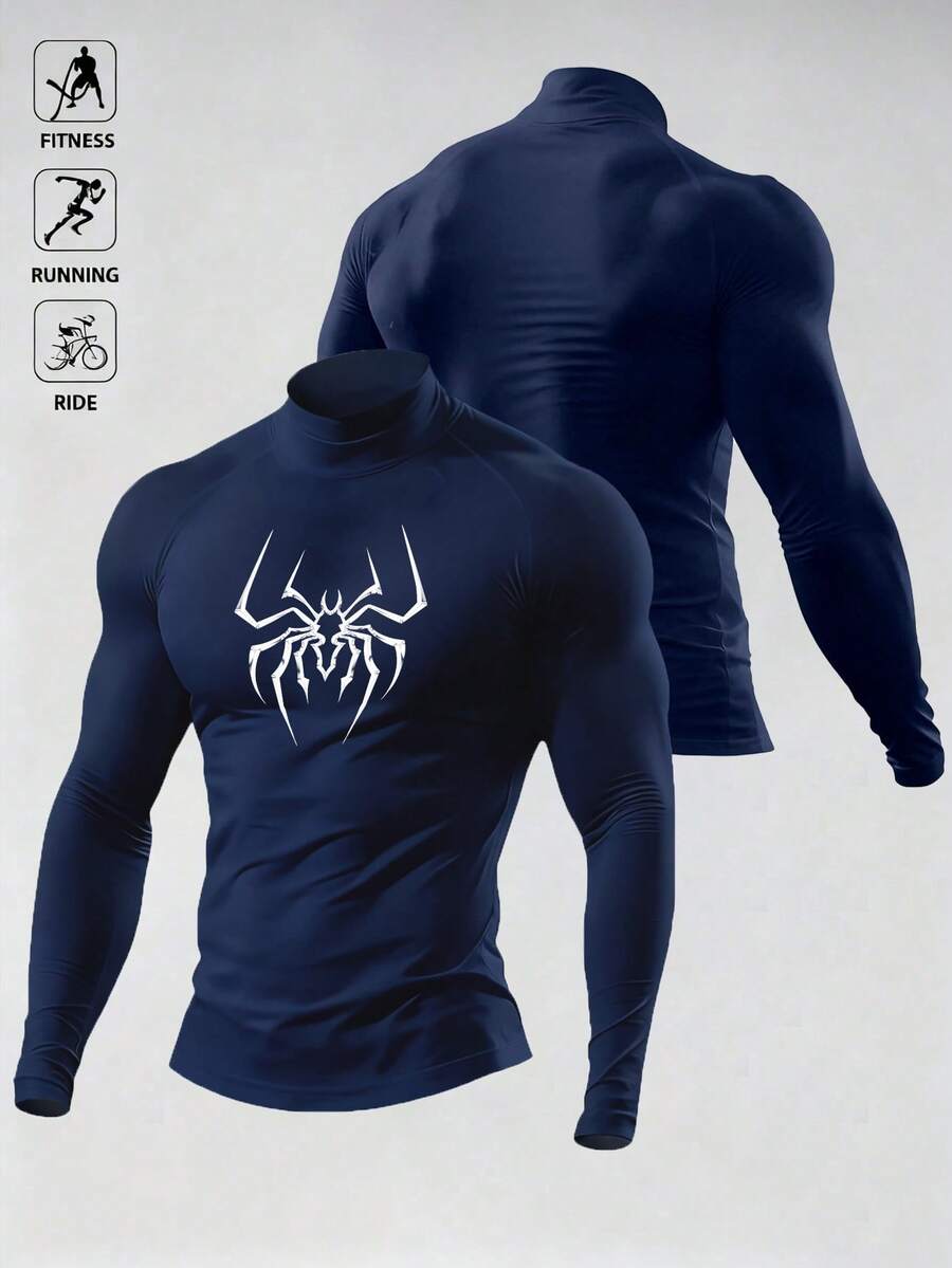Manfinity EMRG Men's Spider Print Raglan Long Sleeve Casual Fitness Workout T-Shirt Gym Tops Men Rash Guard Men Mens Compression Tops Gym Tops Long Sleeve Turtle Neck Compression Shirt - Royal Blue - View 1