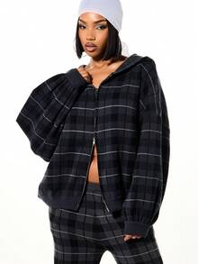 SUMWON WOMEN Oversized Check Zip Through Hooded Cardigan Sweater With Ribbed Knit Cuffs And Waistband For Layering - Black - View 1