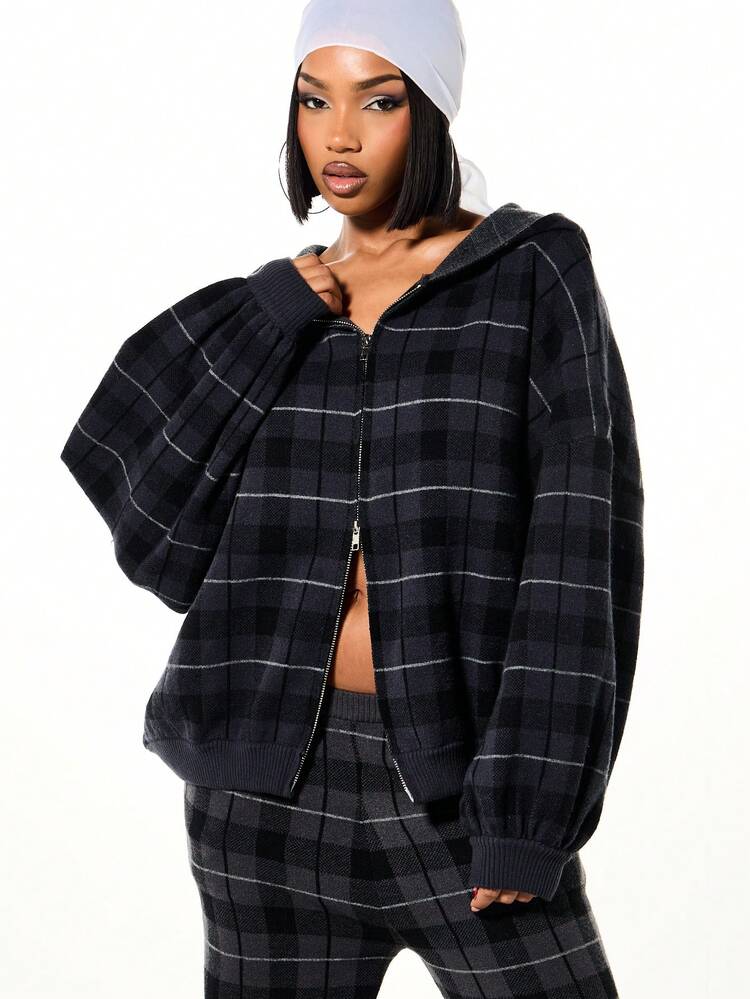 SUMWON WOMEN Oversized Check Zip Through Hooded Cardigan