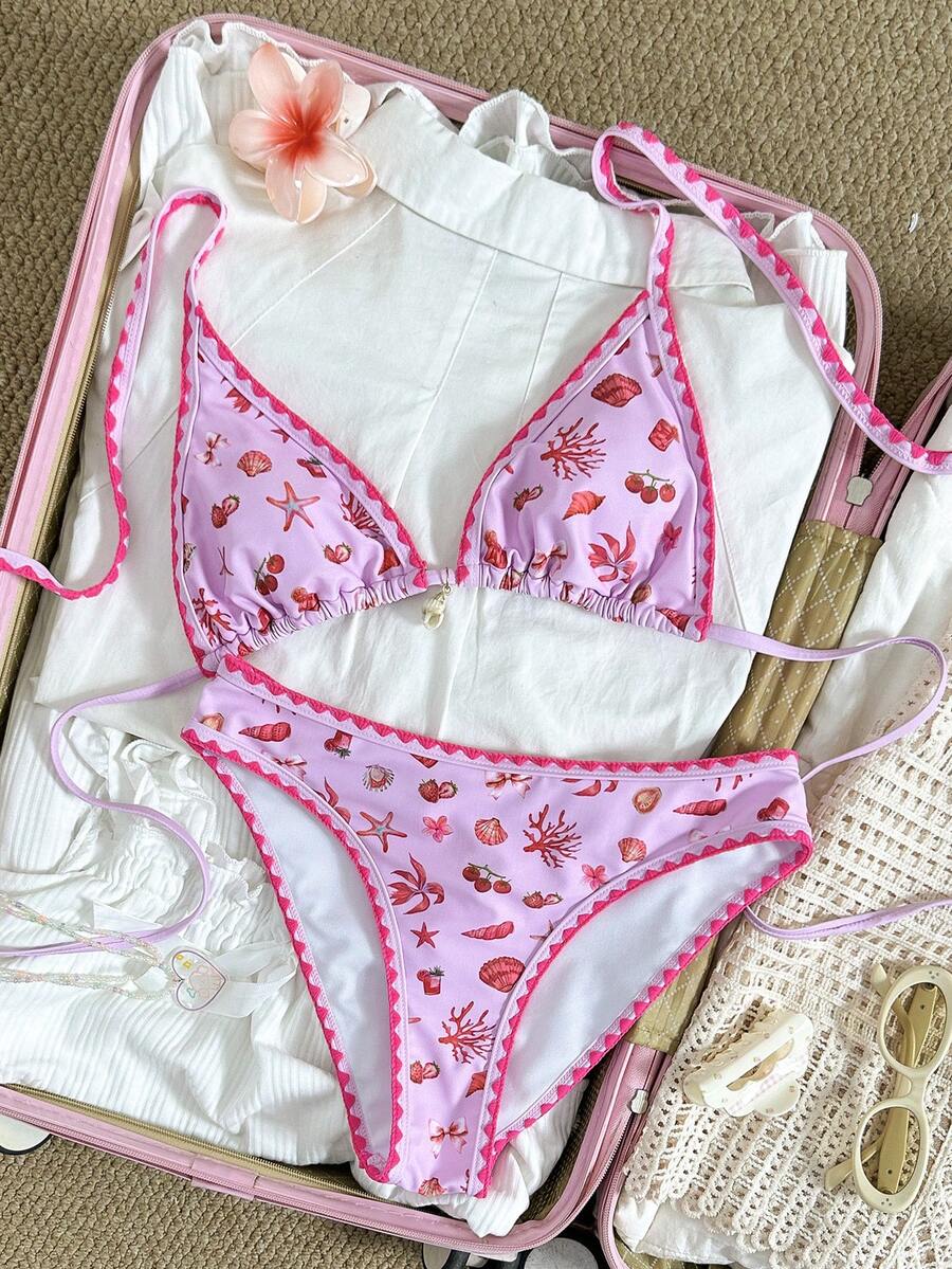 Swim Mod 女士挂脖系带印花泳衣套装，荷叶边下摆，时尚休闲度假装，适合春、夏、秋、冬四季穿着。贝壳泳衣、芙蓉花泳衣、樱桃泳衣、花卉比基尼泳衣 - 粉色 - 查看 1