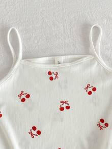 SHEIN 3件套少女简约白色底红色樱桃印花吊带背心、短裤和长裤休闲舒适睡衣 - 白色 - 查看 10