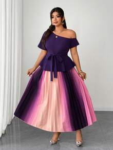 Elenzga Plus Size Women's Summer Elegant Dark Purple Off-Shoulder Cinched Waist Top & Ombre Pleated Skirt 2-Piece Set,Wedding Ninang Outfit For Dates - Multicolor - View 5