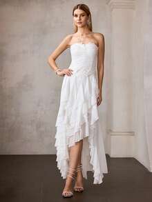 MOTF Soiréza ELEGANT FLORAL EMBROIDERY ASYMMETRIC HEM STRAPLESS COCKTAIL DRESS - White - View 5