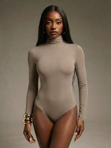 Hauture Fall Sexy Mob Wife Party Stretch Sheer High Neck Collared Extra Long Sleeve Bodysuit - Brown - View 6