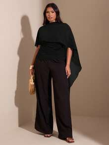 SHEIN BAE Plus Size Elegant Asymmetric Shoulder Tie Design Fitted Slim Top - Black - View 3