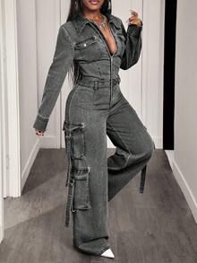 BamGleam Women's Casual Everyday Zip-Up Denim Jumpsuit - Grey - View 7