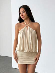 SHEIN PETITE Romantic Backless Sexy Halter Mini Pink Mesh Party Dress For Valentine's Day - Apricot - View 1