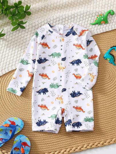 SHEIN Bañador de una pieza con estampado de dinosaurios para niño pequeño, casual para vacaciones, adecuado para playa, piscina, resort de spa