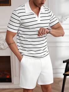 Core Aspect 男士纯色短袖休闲 Polo 衫和长裤套装，男士夏季服装，男士纯色 Polo 衫和短裤套装，日常休闲简约男士两件套，休闲两件套，男士条纹短袖 Polo 衫和西装短裤套装，男士两件套 - 黑與白 - 查看 3