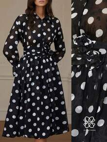 Aveloria Rosie 优雅复古法式休闲波点提花花卉腰部喇叭下摆长袖连衣裙 - 彩色 - 查看 1