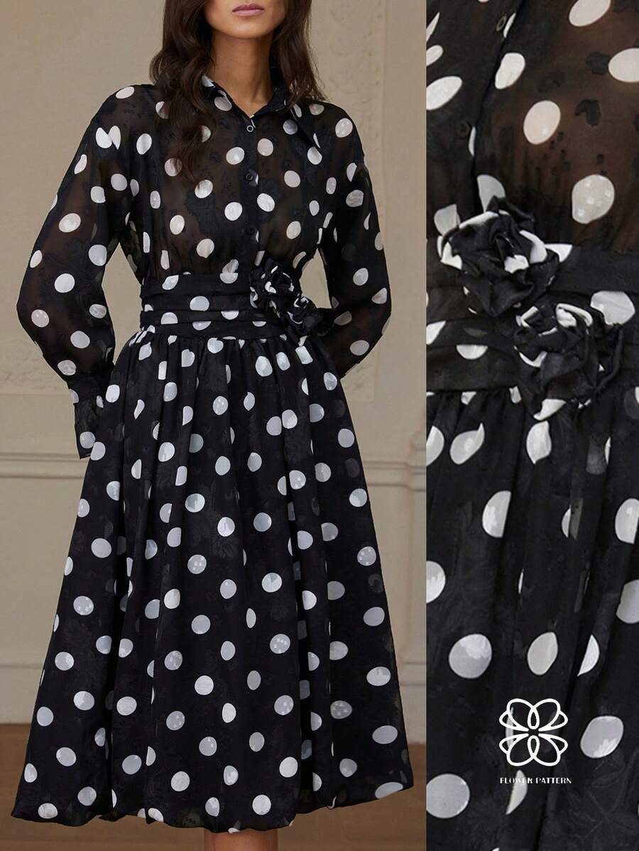 Aveloria Rosie 优雅复古法式休闲波点提花花卉腰部喇叭下摆长袖连衣裙 - 彩色 - 查看 1