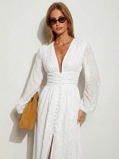 COSMINA White Embroidered Lantern Sleeve V-Neck Waist Ruched Slit Hem Dress, Bohemian Style Vacation Dress, Elegant Casual Resort Romantic Dress