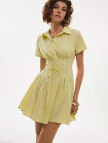 Poéselle Đầm ngắn nữ màu trơn, dáng suông, thắt eo, thích hợp mặc đi làm vào mùa hè. - Màu vàng - Xem 3