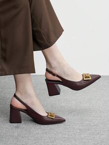CUCCOO BIZCHIC Sapatos de salto grosso clássicos e simples na cor bordô para mulheres, versáteis para o trabalho, encontros, festas, férias, casamentos e para o Natal. - Marrom Caramelo - Ver 6