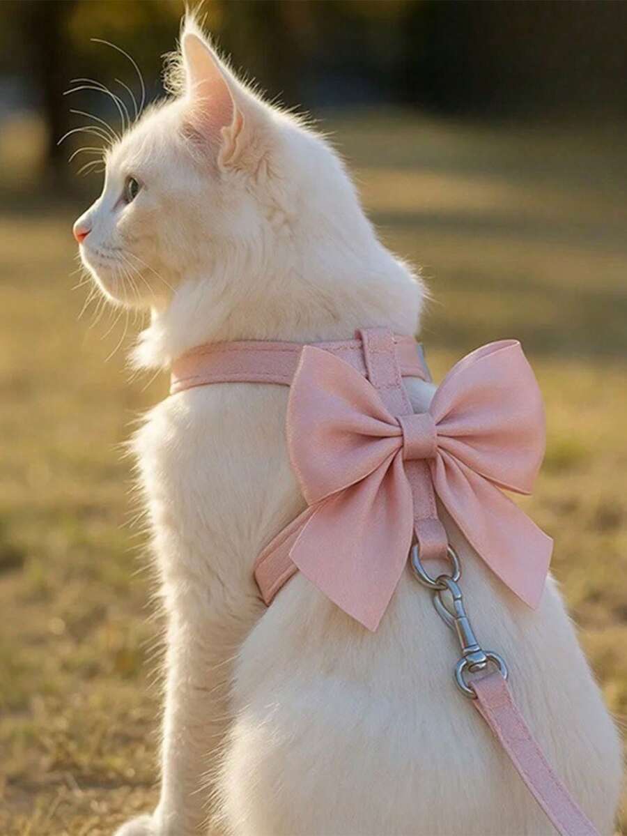 可爱猫咪胸背带和牵引绳，高端时尚防逃脱猫咪牵引绳，蝴蝶结设计猫咪胸带，柔软舒适贴合的宠物胸背带，适合中小型猫咪户外使用 - 彩色 - 查看 1