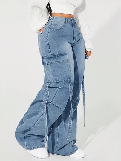 SHEIN SXY Women's Casual Fashion Street Chic Daily Commute Flap Pocket Wide Leg Jeans