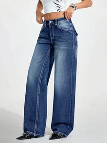 Flirla Women's Casual Washed Low Waist Wing Embroidered Jeans Women Baggy Jeans Flare Jeans Jeans With Wing Embroidery Wide Leg Jeans Long Jeans - Blue - View 5