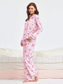 Bonmuse 酒杯印花睡衣套装，甜美可爱翻领纽扣上衣和长裤，女士睡衣和家居服 - 粉色 - 查看 4