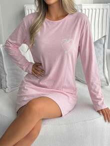 Soft & Skin-Friendly Heart Print Long Sleeve Nightgown - Pink - View 5