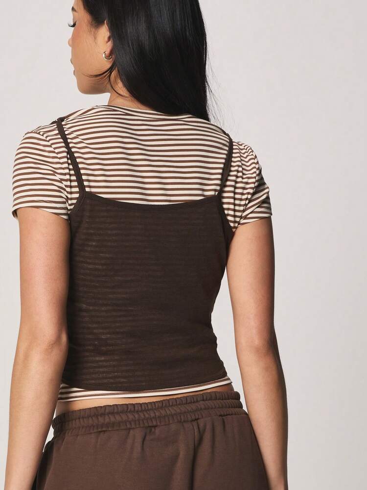 MISSGUIDED Women's Double Layer Cami Tank Top With Striped Tee Underneath Casual Layered Sleeveless Knotted Style Brown White
