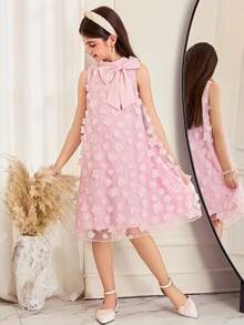 SHEIN Pitira 少女立领网纱碎花休闲宽松吊带连衣裙 - 粉色 - 查看 6