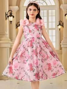 SHEIN 青少年女孩優雅花卉圖案3D花朵裝飾A字中長洋裝 - 藕粉色 - 查看 3