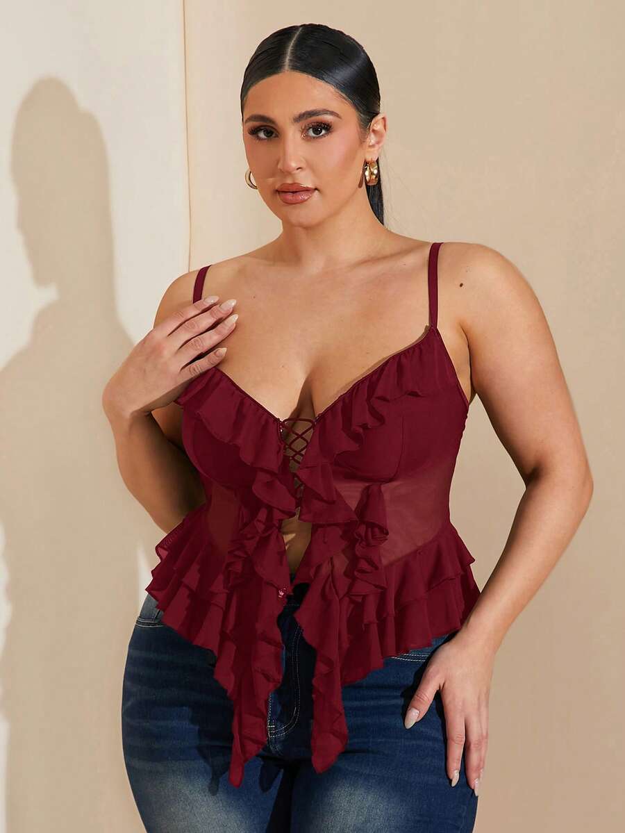 SHEIN BAE Áo hai dây lưới xếp ly cỡ lớn dành cho nữ, thích hợp cho lễ Phục sinh, lễ tốt nghiệp, đi club, mùa xuân, mùa hè, đêm lễ hội, sinh nhật, đám cưới, kỳ nghỉ, buổi hòa nhạc. - Màu Đỏ Sâu - Xem 1