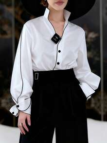 INAWLY Women's Elegant Casual Contrast Piping High Neck Lantern Sleeve Loose Blouse - White - View 6