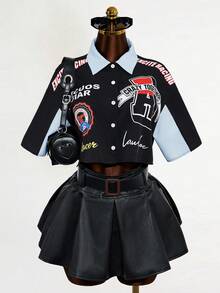 Mistrie 女士休闲时尚街头通勤字母印花撞色落肩宽松短款衬衫，夏季 - 彩色 - 查看 3