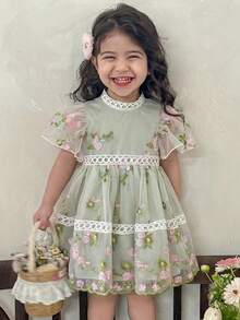 LMoss Kids LMoss   Baby Girl Woven Mandarin Collar Solid Color Patchwork Embroidered Mesh Casual Dress,,فستان,تنوره,فساتين بنات,ملابس اطفال,Baby Girls Clothes,Prom Dress,Summer Clothes,Suitable For Everyday Life, Parties, Birthdays, And Celebrations In Spring And Summer. - Multicolor - View 10