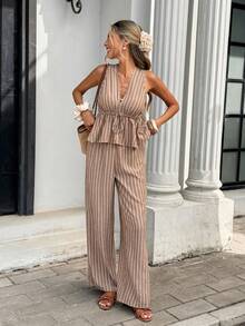 Serisse 女士条纹系腰无袖衬衫和裤子休闲两件套 - 咖啡棕 - 查看 5