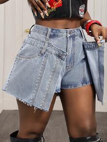 Slaydiva Quần short denim nữ màu trơn, hai lớp, cạp quần đính đinh tán và túi xéo. - Xám - Xem 4