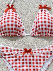 Swim Mod Conjunto de bikini de 2 piezas con estampado aleatorio de triángulo para mujer, para vacaciones en la playa, traje de baño casual de primavera/verano 2026 - Rojo y blanco - Ver 5